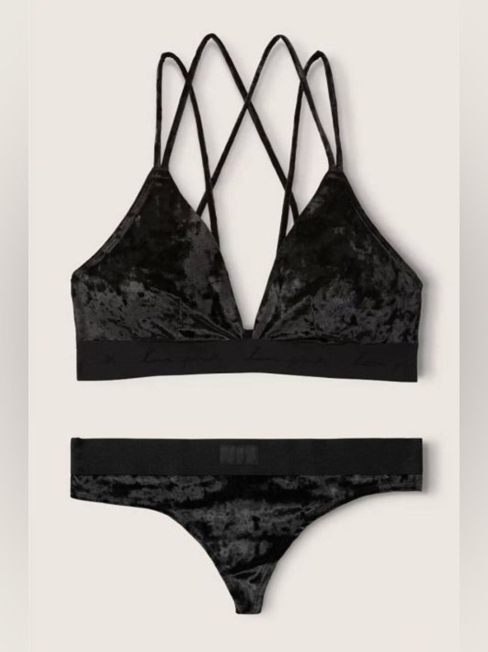 Black Velvet Triangle Bralette & Thong Set Sz M